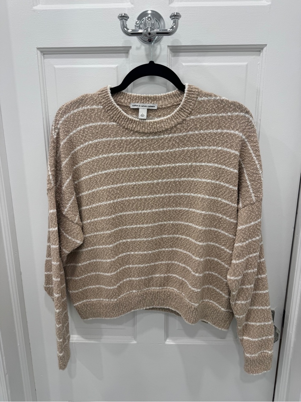 Autumn Cashmere Beige & White Striped Crewneck Cotton Sweater